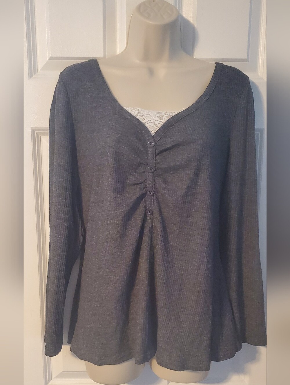 BloomChic Dark Gray Ribbed Long-Sleeve Henley with Lace Inset